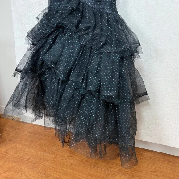 Victor Costa Black Glitter Polka Dot Ruched Tulle Ruffle Mermaid Gown Dress SZ 4 - Picture 10 of 13